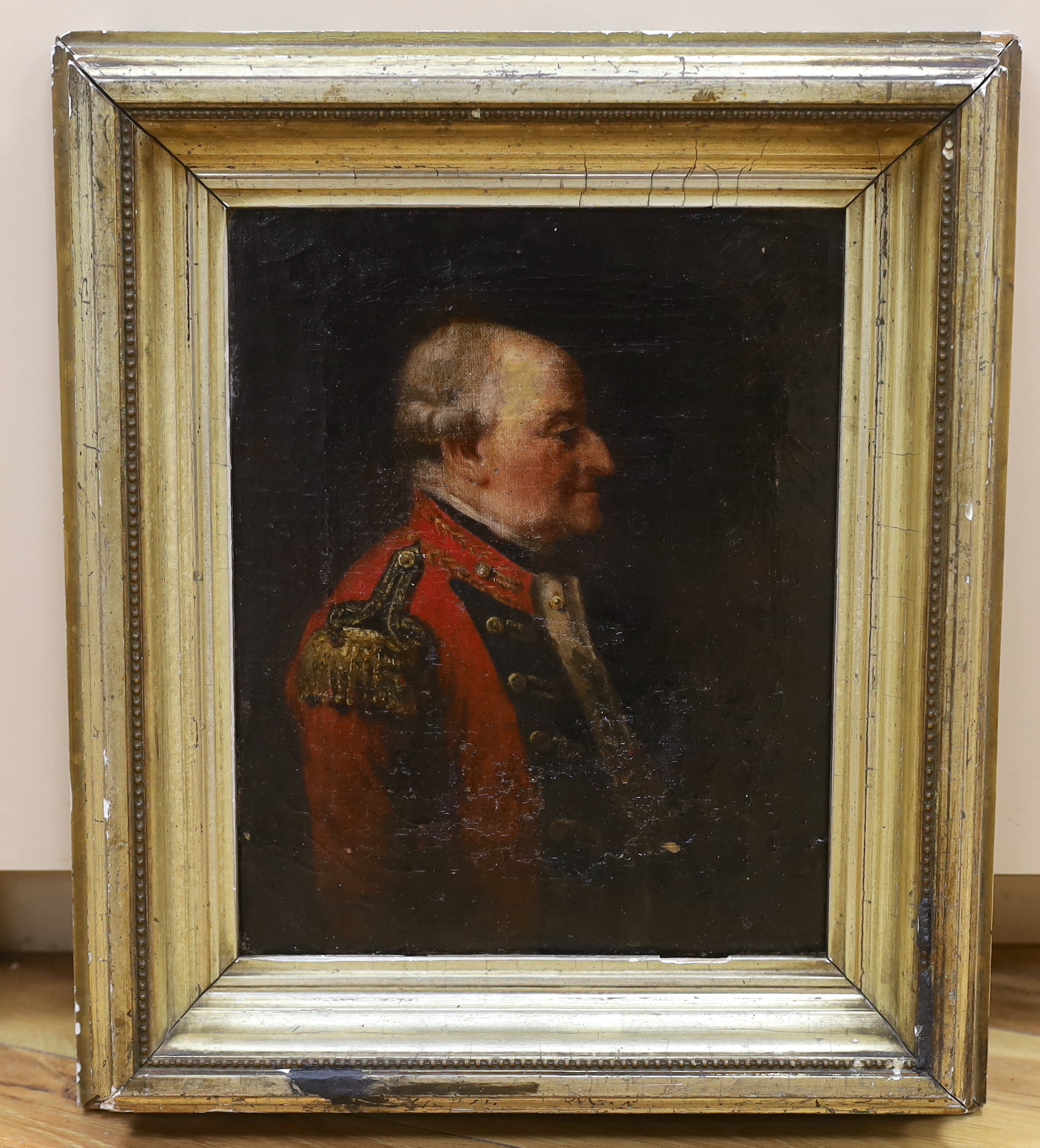 Late 18th/early 19th century British school, oil on canvas, Portrait of George Augustus Eliott, 1st Baron Heathfield wearing military dress, 28cm x 22cm